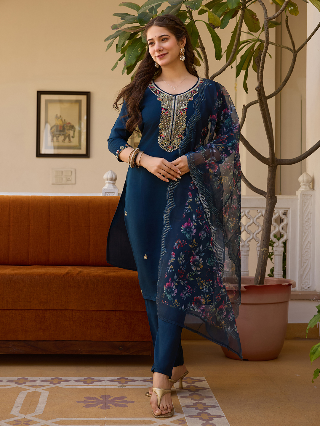 Navy Blue Threadwork  Readymade Salwar Suit