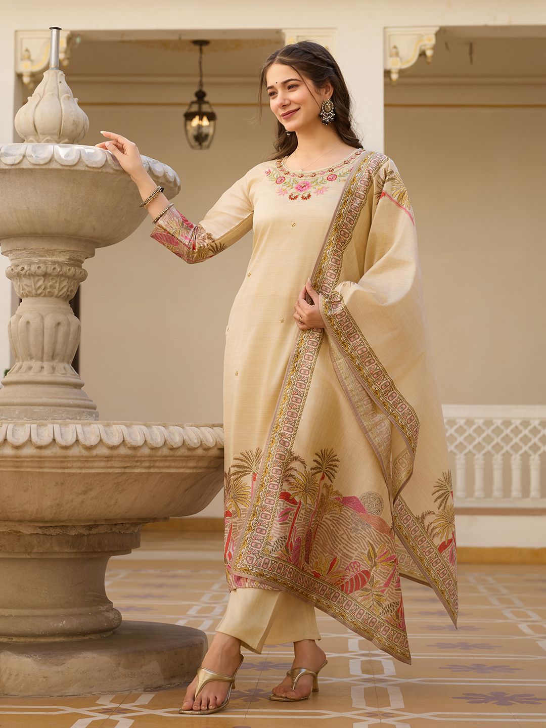 Cream Assam Silk Salwar Suit With Bead Embroidery