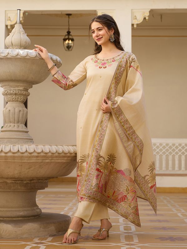 Cream Assam Silk Salwar Suit With Bead Embroidery