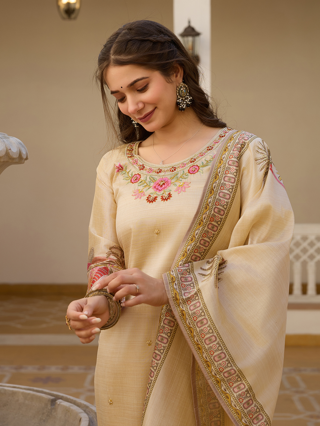 Cream Assam Silk Salwar Suit With Bead Embroidery