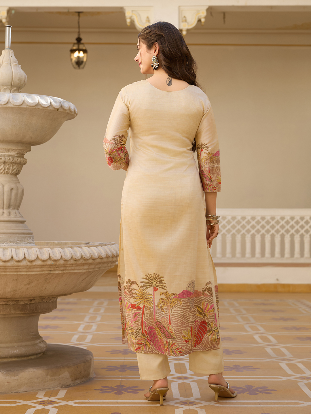 Cream Assam Silk Salwar Suit With Bead Embroidery