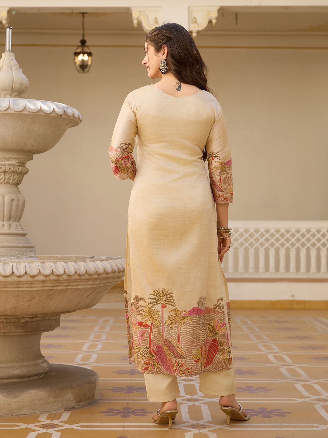 Cream Assam Silk Salwar Suit With Bead Embroidery