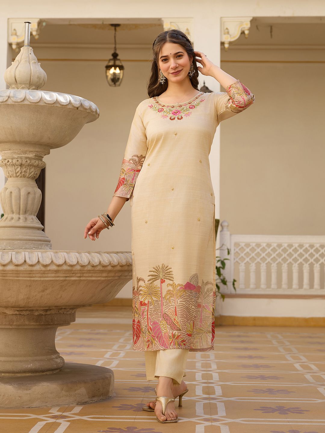 Cream Assam Silk Salwar Suit With Bead Embroidery