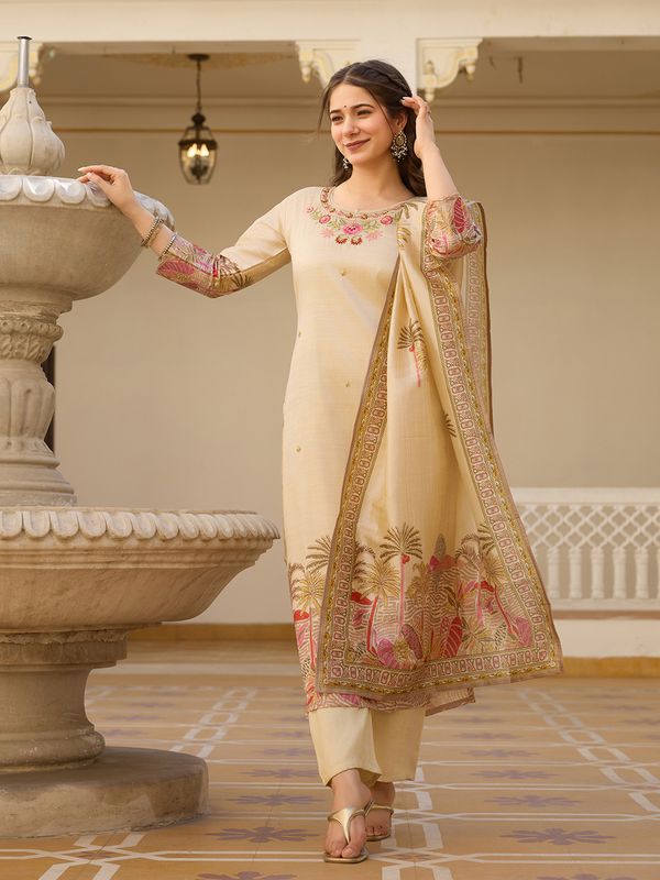 Cream Assam Silk Salwar Suit With Bead Embroidery