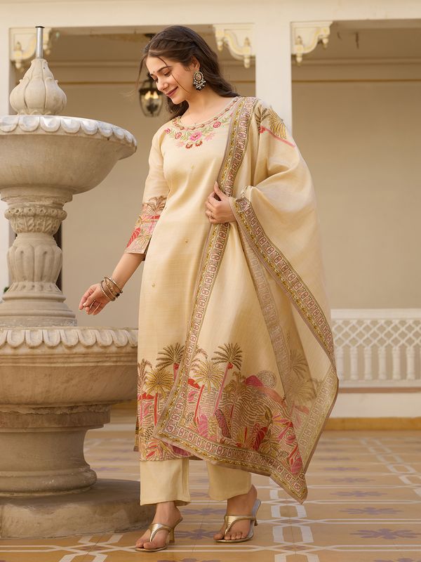 Cream Assam Silk Salwar Suit With Bead Embroidery