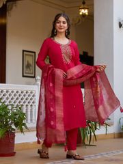 Cream Threadwork Viscose Chanderi Readymade Salwar Suit