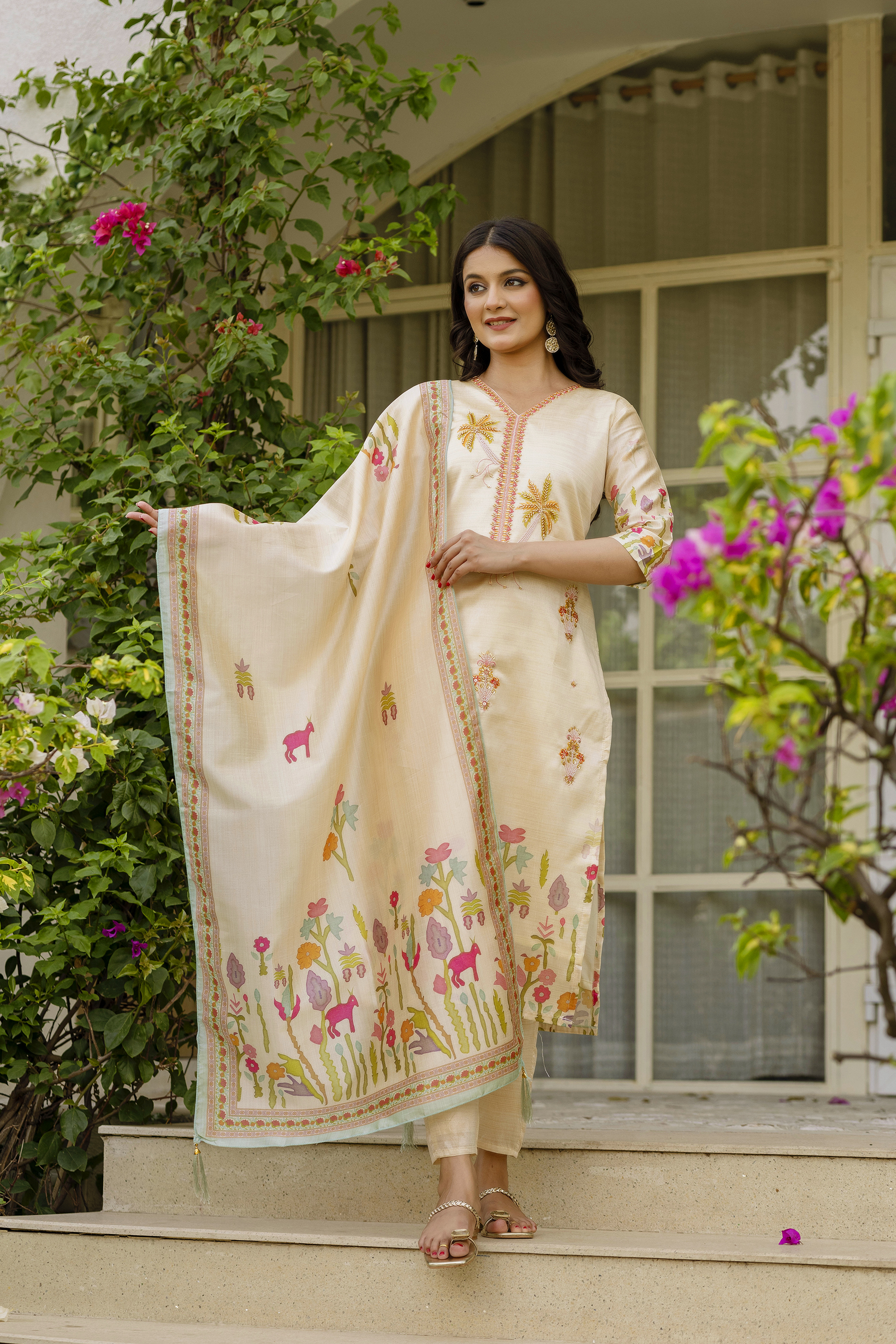 Cream Threadwork Assam Silk Readymade Salwar Suit