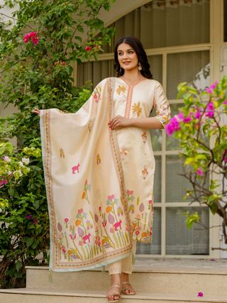 Cream Threadwork Assam Silk Readymade Salwar Suit