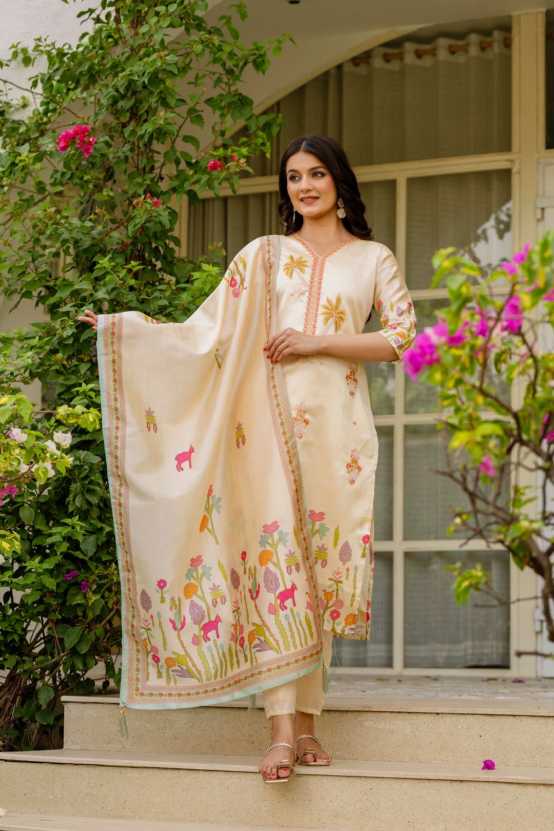Cream Threadwork Assam Silk Readymade Salwar Suit