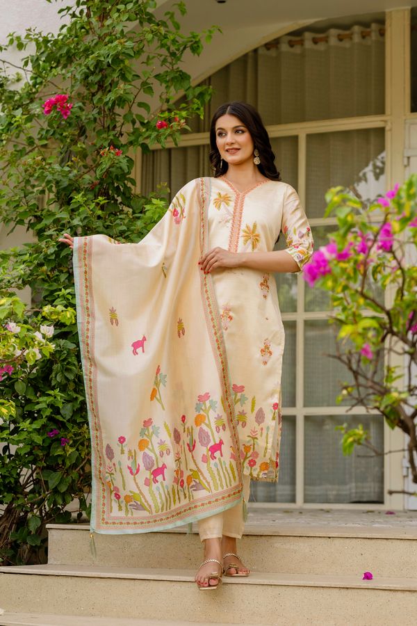 Cream Threadwork Assam Silk Readymade Salwar Suit