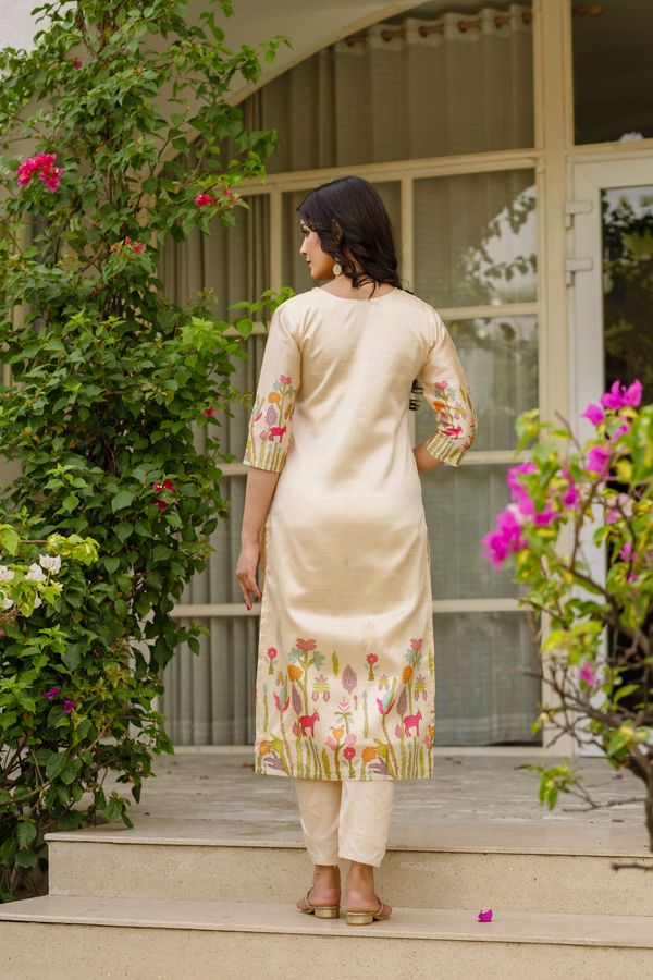 Cream Threadwork Assam Silk Readymade Salwar Suit