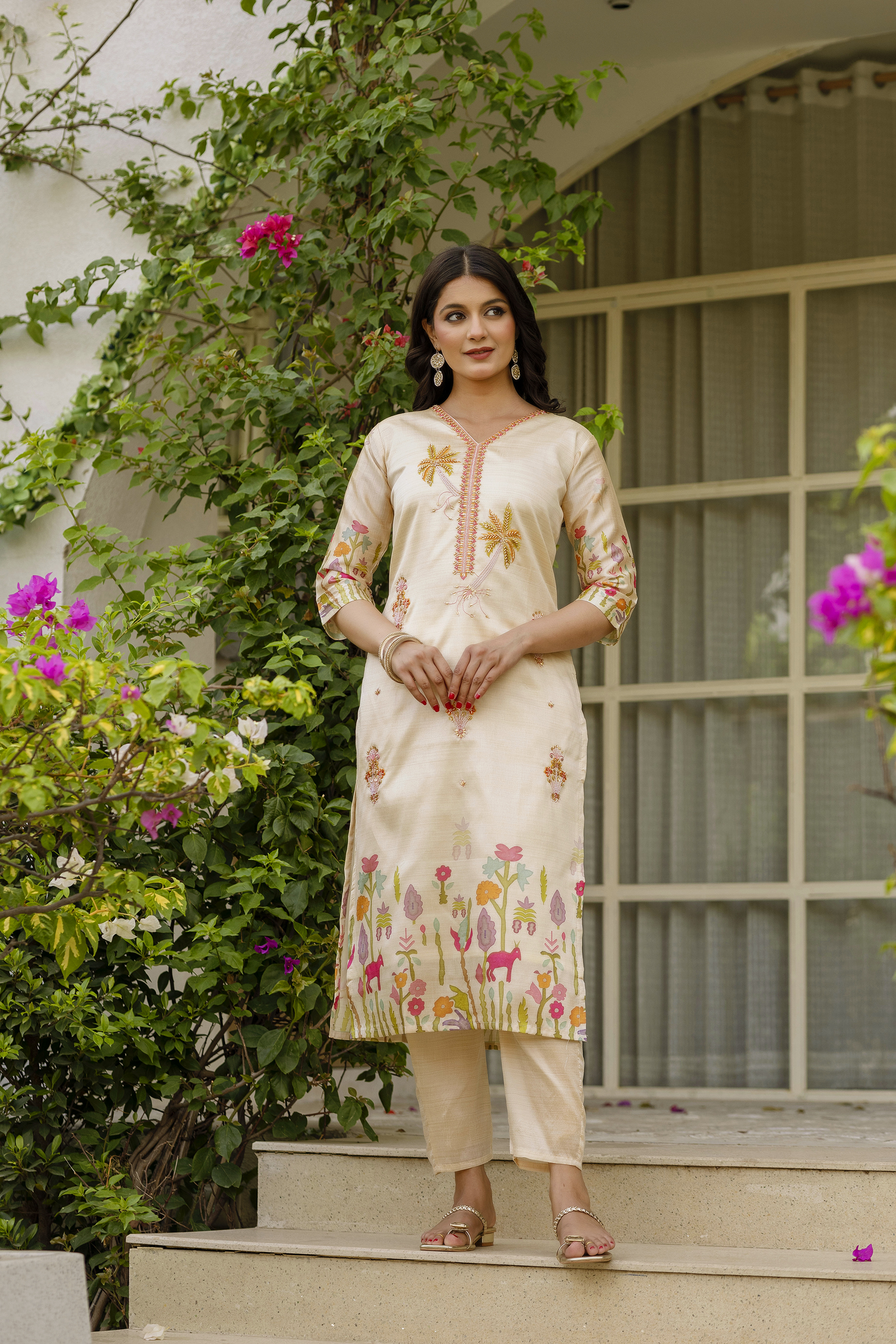 Cream Threadwork Assam Silk Readymade Salwar Suit