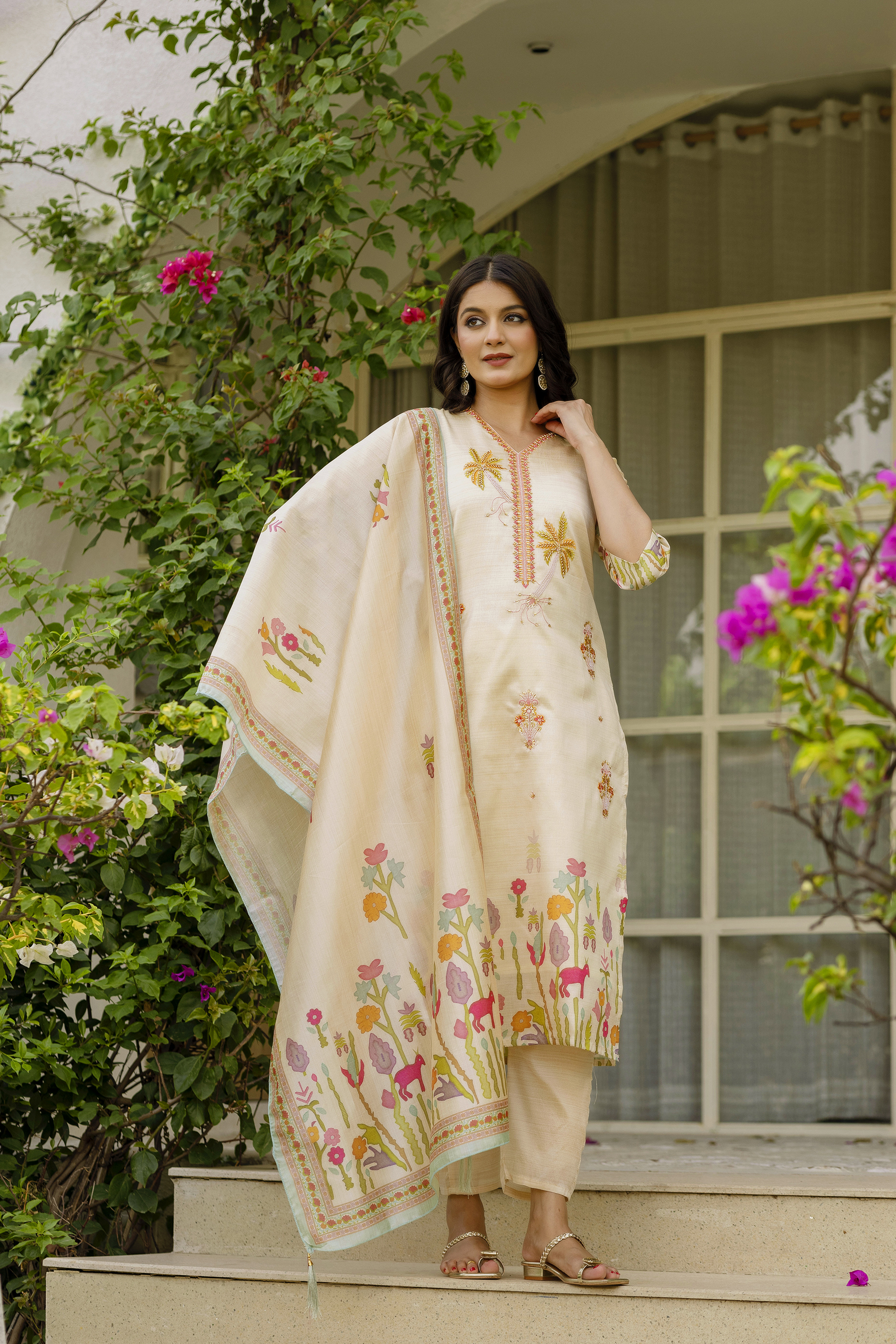 Cream Threadwork Assam Silk Readymade Salwar Suit