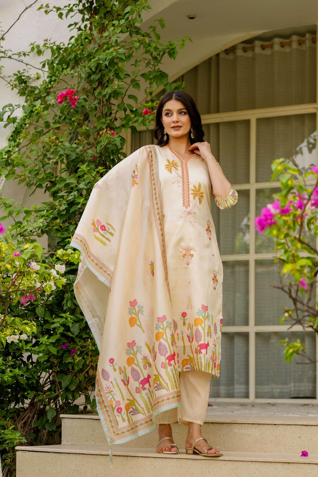 Cream Threadwork Assam Silk Readymade Salwar Suit