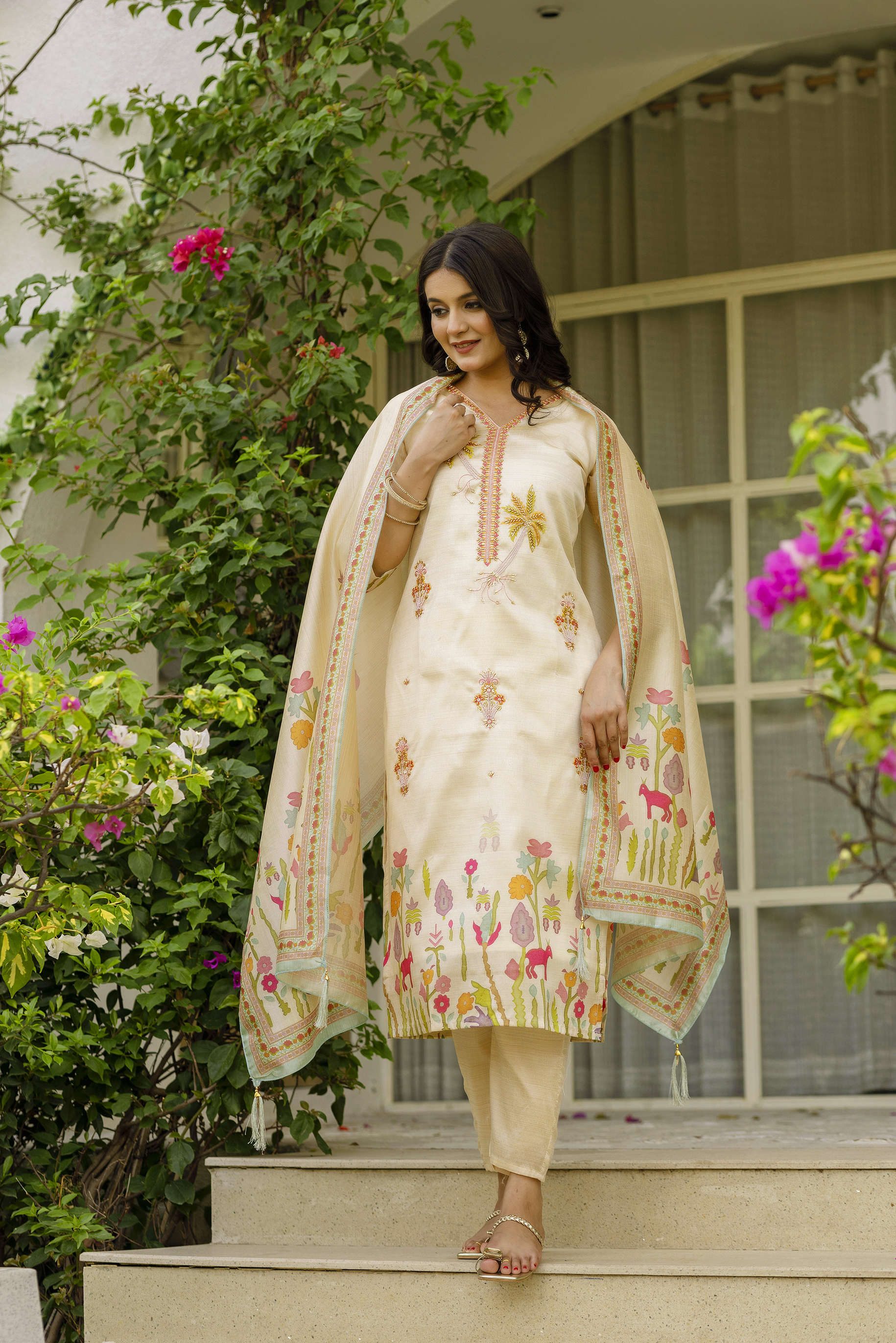 Cream Threadwork Assam Silk Readymade Salwar Suit