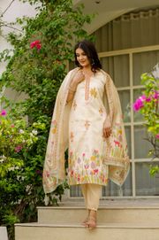 Cream Threadwork Assam Silk Readymade Salwar Suit