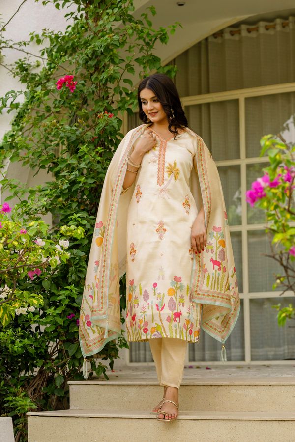 Cream Threadwork Assam Silk Readymade Salwar Suit