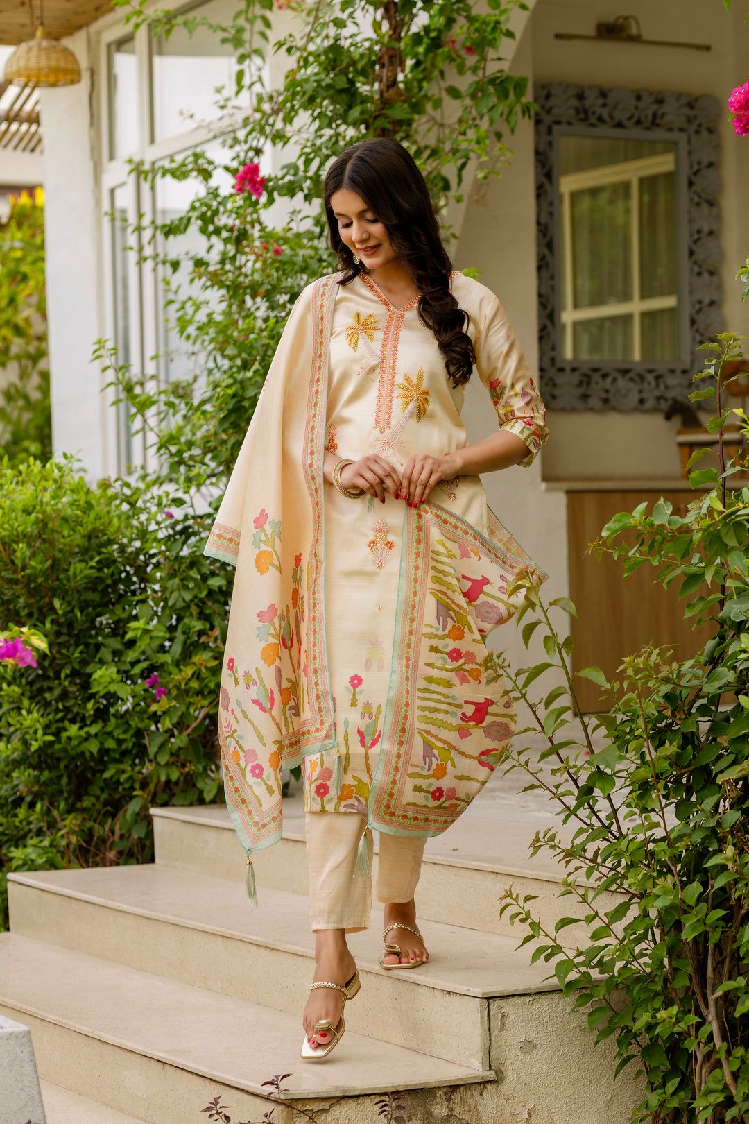 Cream Threadwork Assam Silk Readymade Salwar Suit