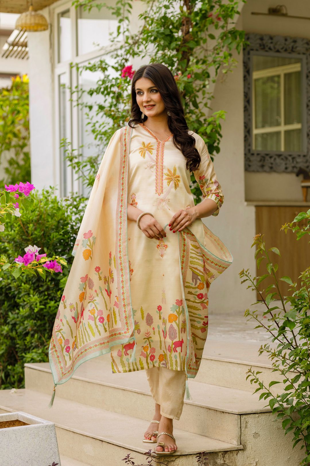 Cream Threadwork Assam Silk Readymade Salwar Suit