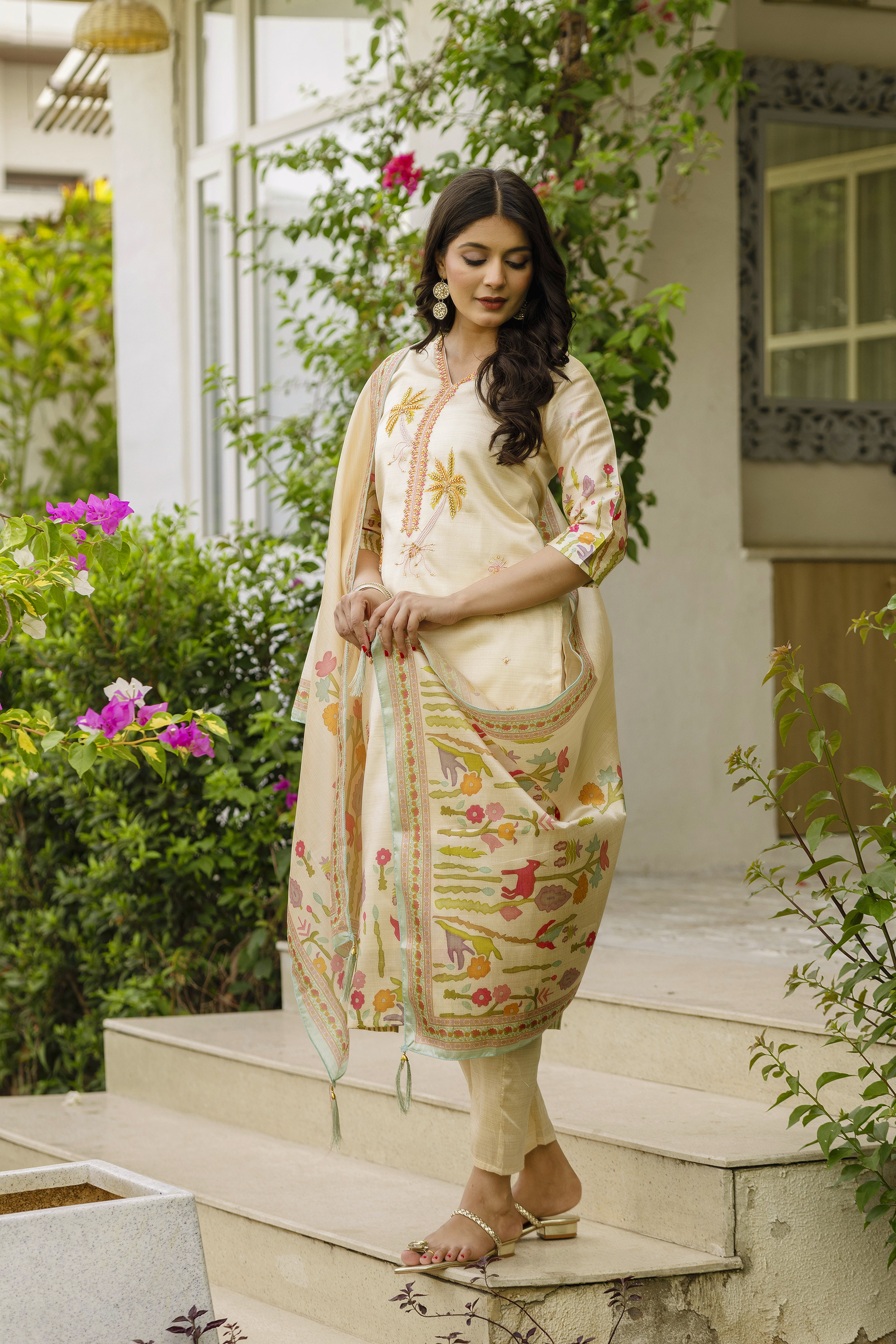 Cream Threadwork Assam Silk Readymade Salwar Suit