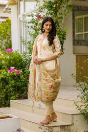 Cream Threadwork Assam Silk Readymade Salwar Suit