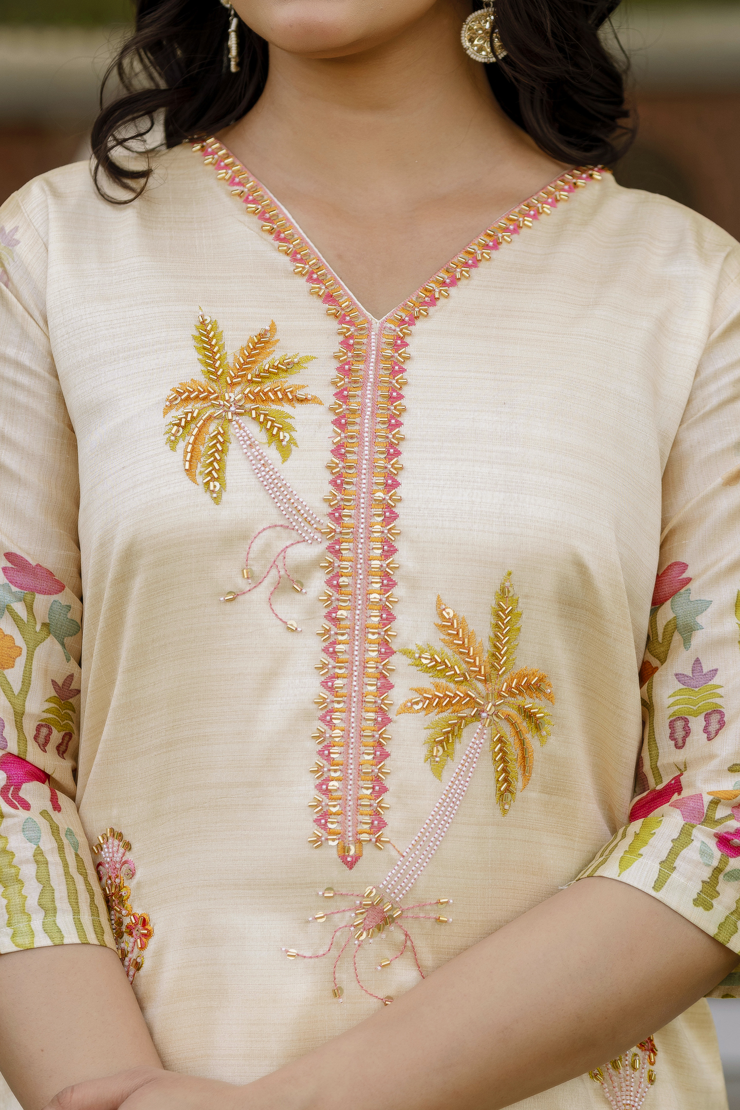 Cream Threadwork Assam Silk Readymade Salwar Suit