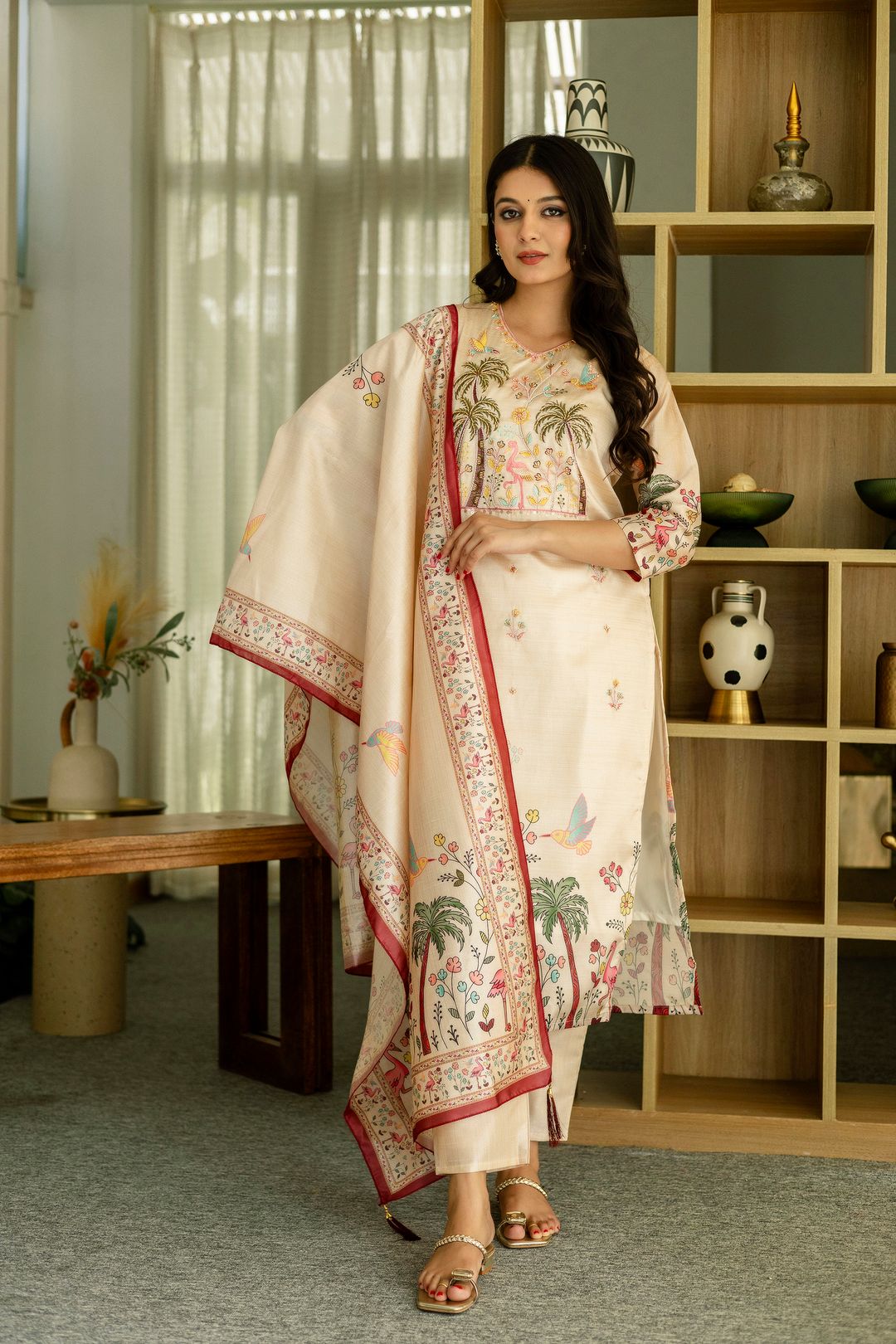 Buy Cream Threadwork Printed Readymade Salwar Suit