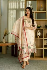 Buy Cream Threadwork Printed Readymade Salwar Suit