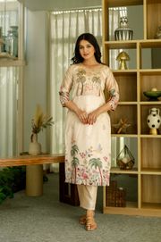 Buy Cream Threadwork Printed Readymade Salwar Suit