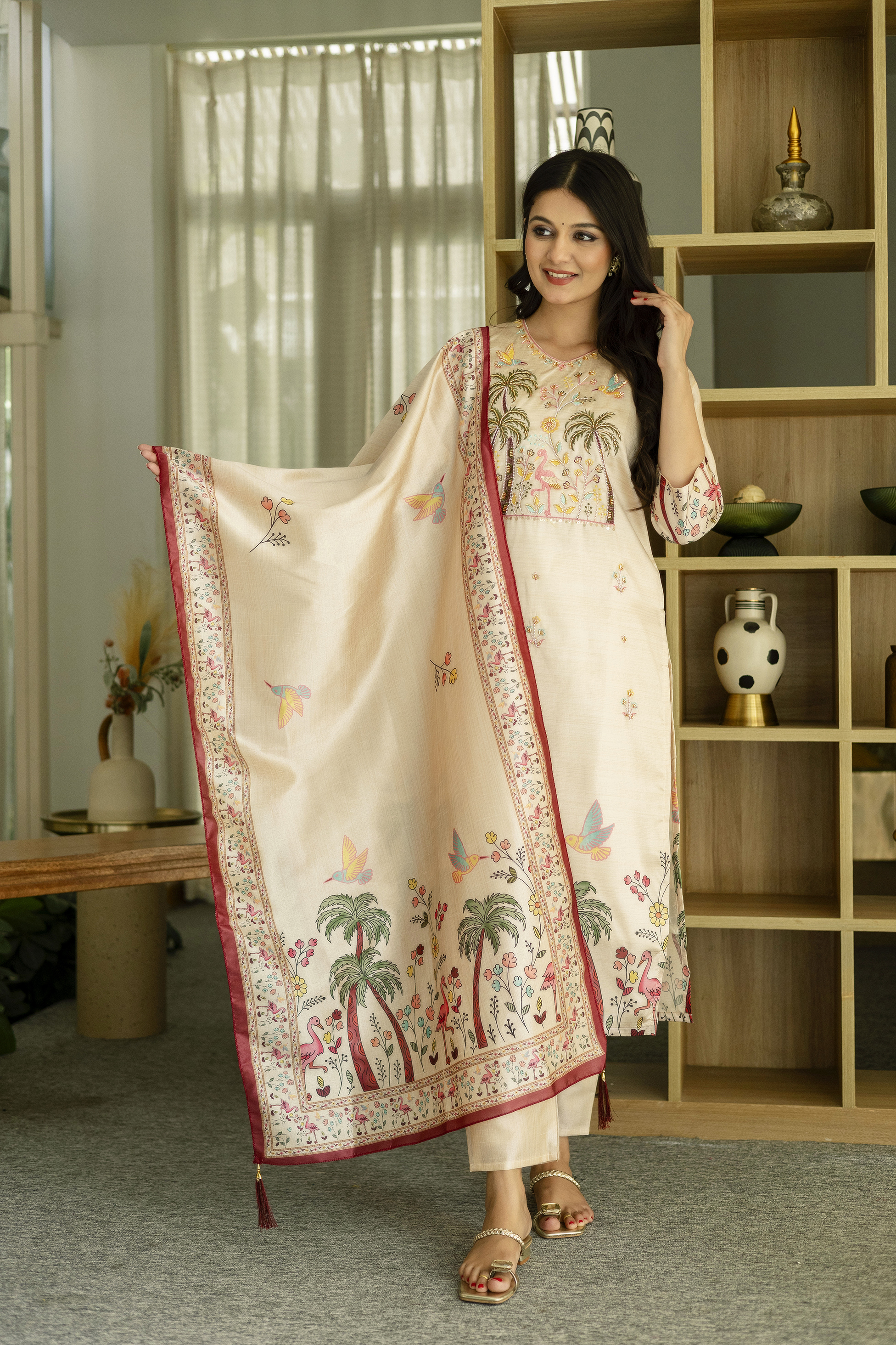 Cream Threadwork Printed Readymade Salwar Suit
