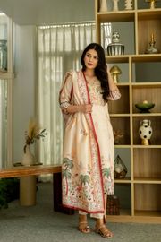 Buy Cream Threadwork Printed Readymade Salwar Suit