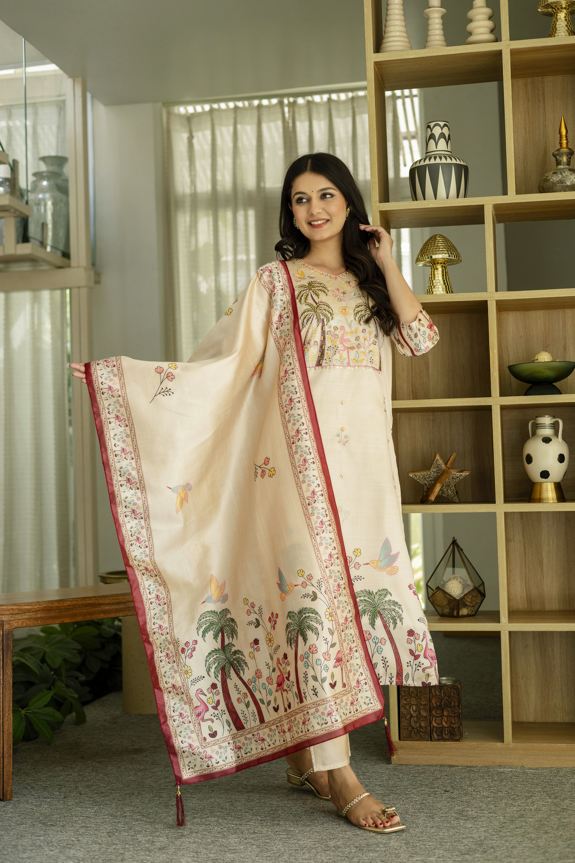 Cream Threadwork Printed Readymade Salwar Suit