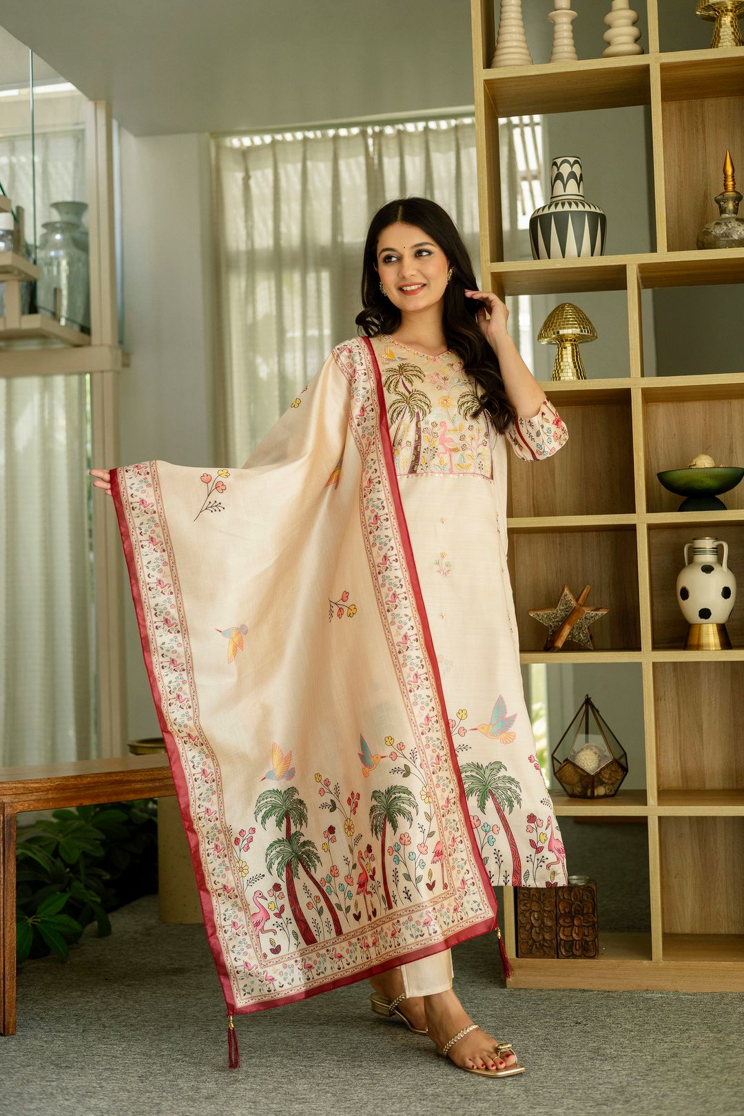 Buy Cream Threadwork Printed Readymade Salwar Suit