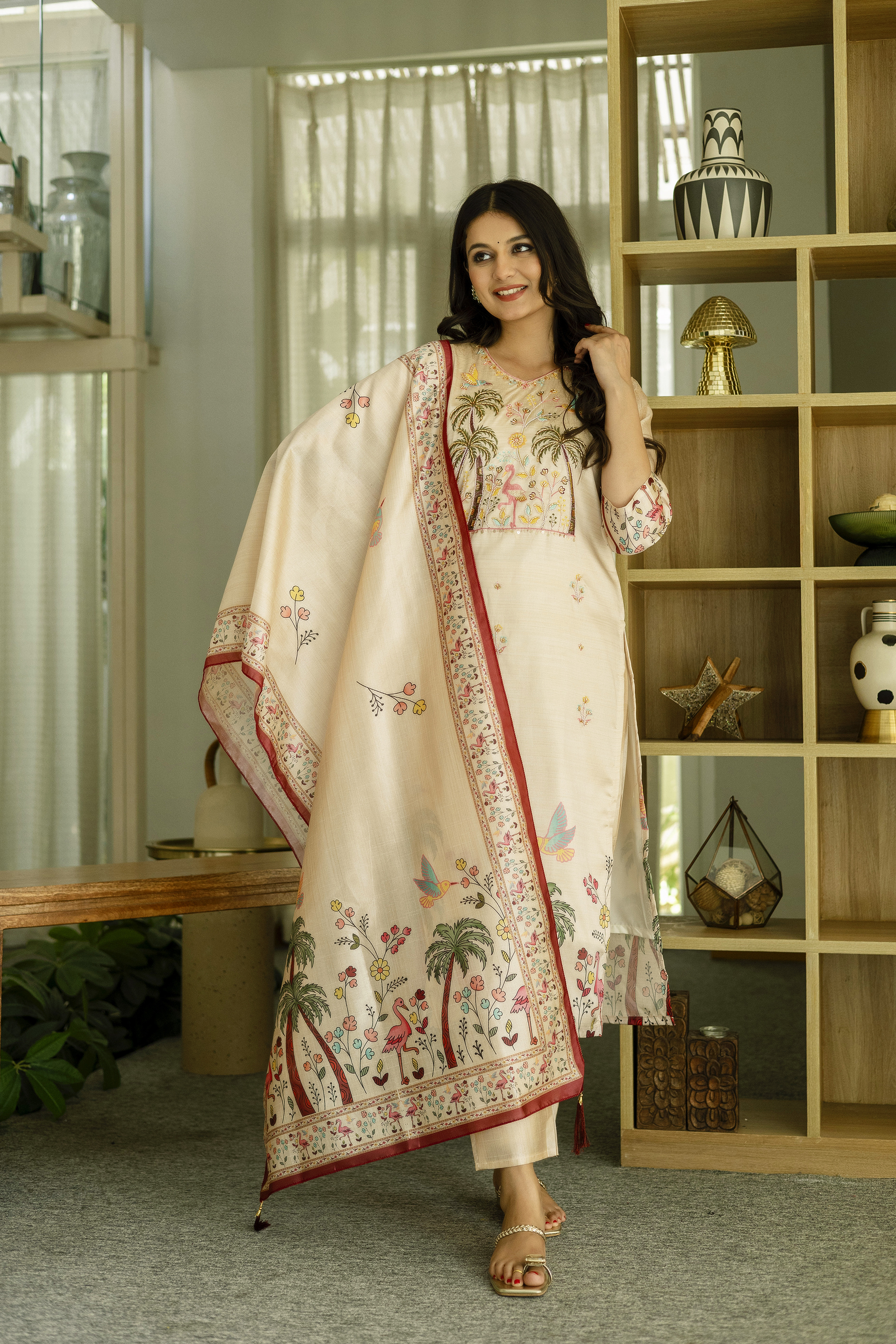 Cream Threadwork Printed Readymade Salwar Suit