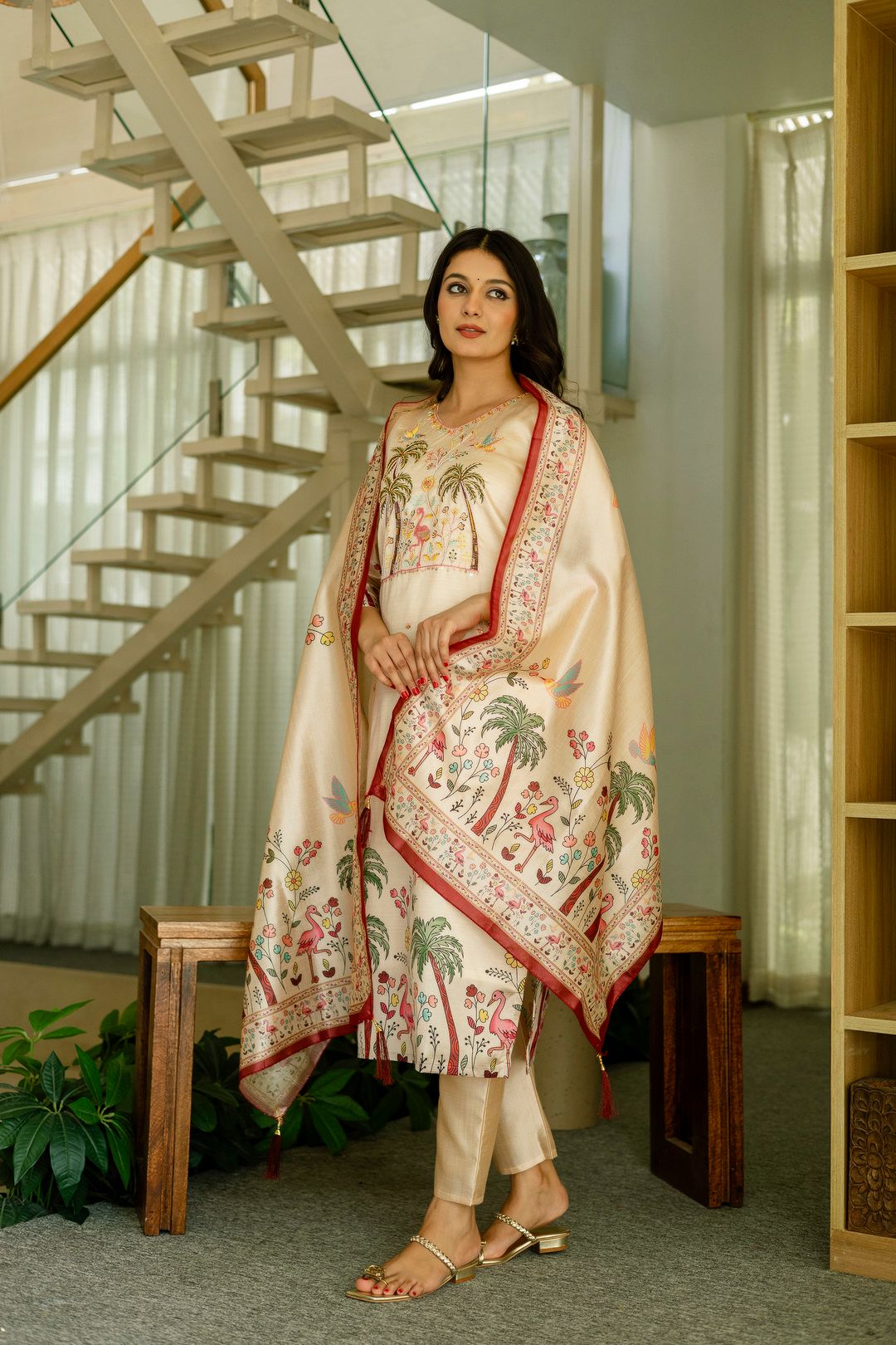 Buy Cream Threadwork Printed Readymade Salwar Suit