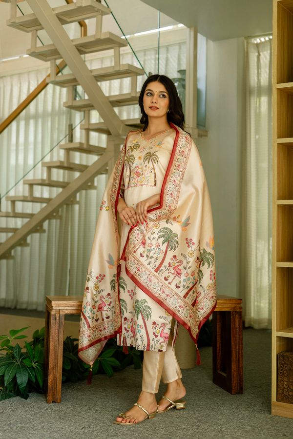 Cream Threadwork Printed Readymade Salwar Suit