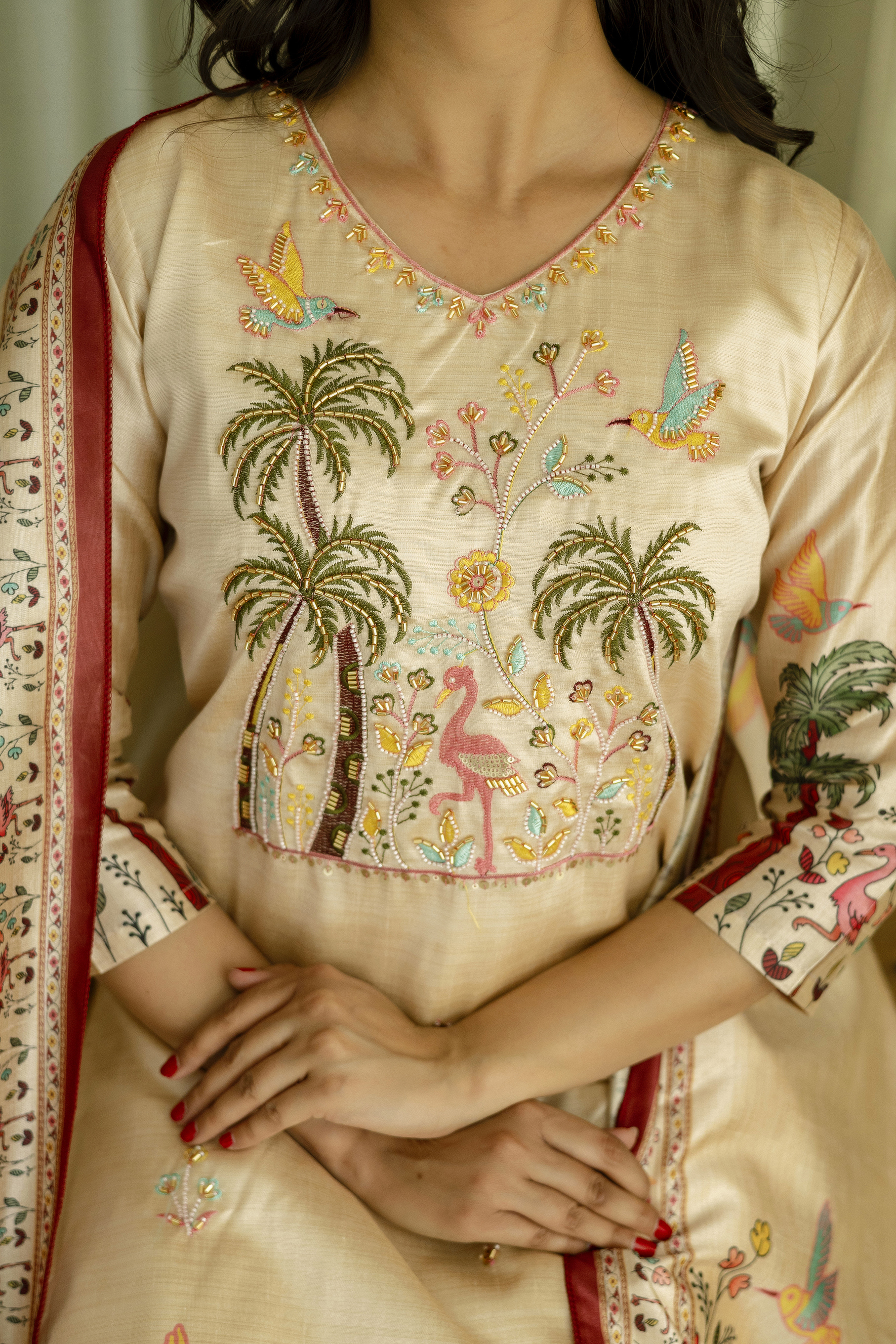 Cream Threadwork Printed Readymade Salwar Suit