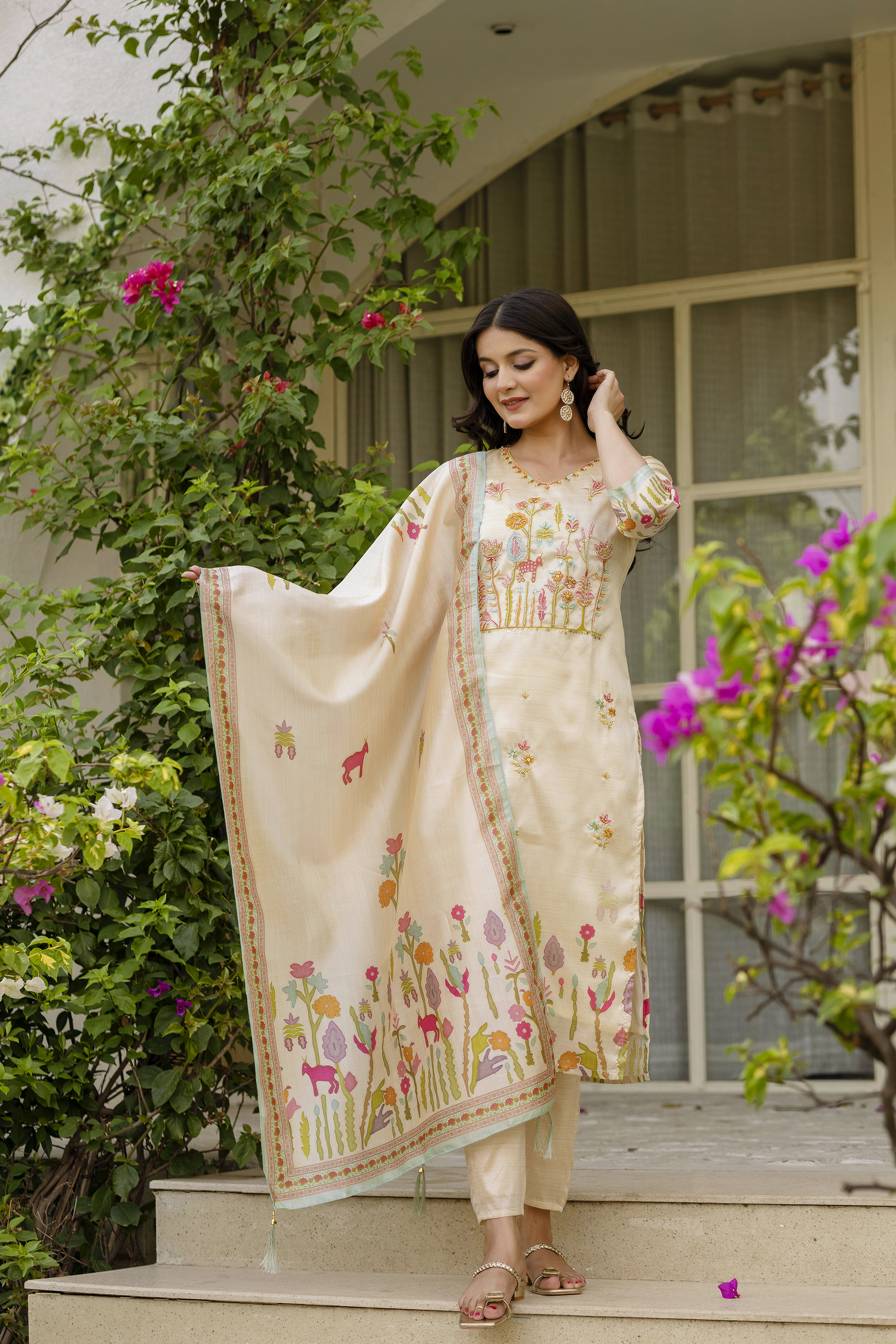 Cream Threadwork  Salwar Suit