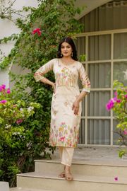 Cream Threadwork Assam Silk Readymade Salwar Suit