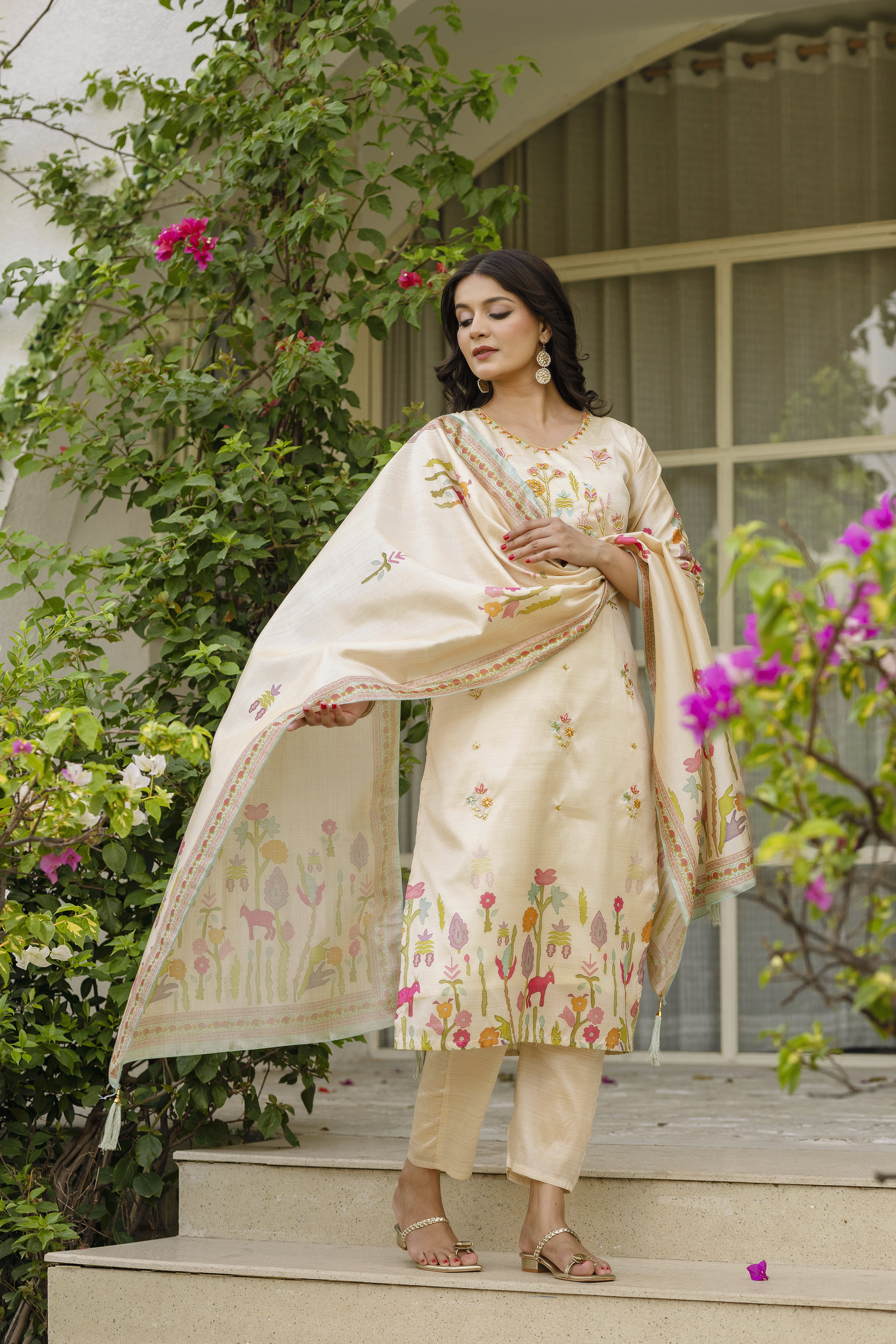 Cream Threadwork  Salwar Suit