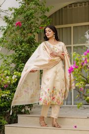 Cream Threadwork Assam Silk Readymade Salwar Suit