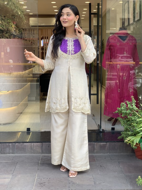 White Cording Threadwork Roman Silk Salwar Suit