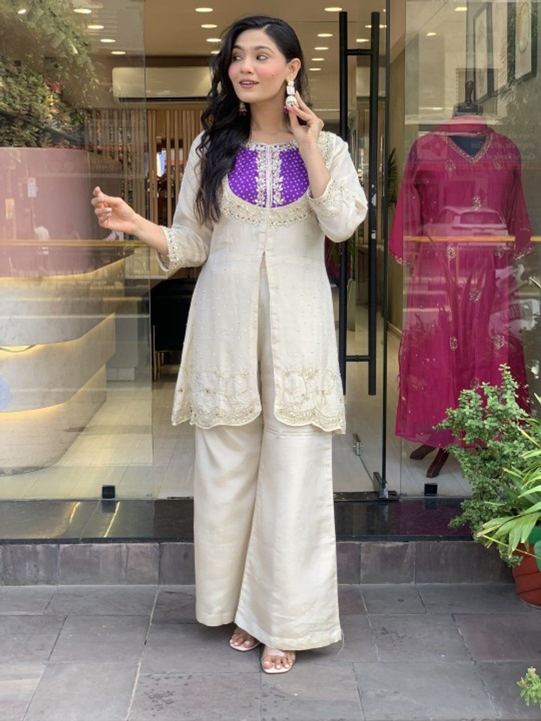 White Cording Threadwork Roman Silk Salwar Suit
