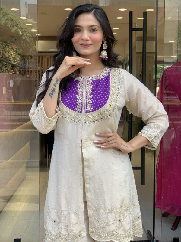White Cording Threadwork Roman Silk Salwar Suit