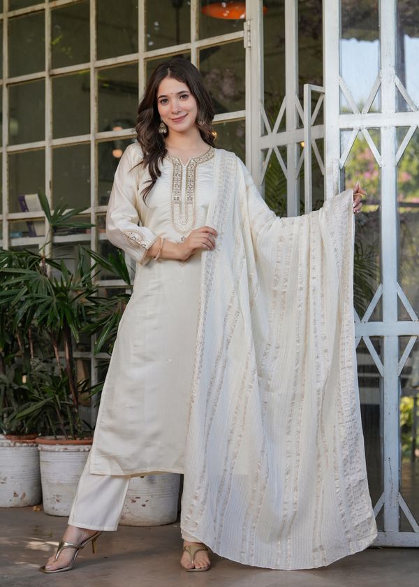 Elegant White Chanderi Threadwork Suit With Dupatta