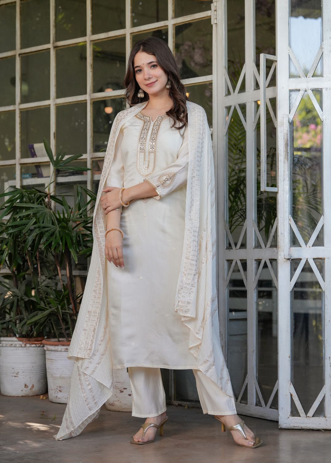 Elegant White Chanderi Threadwork Suit with Dupatta