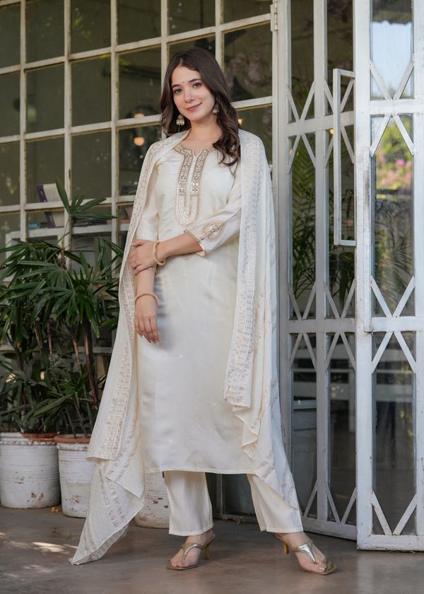 Elegant White Chanderi Threadwork Suit with Dupatta