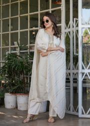 Elegant White Chanderi Threadwork Suit with Dupatta