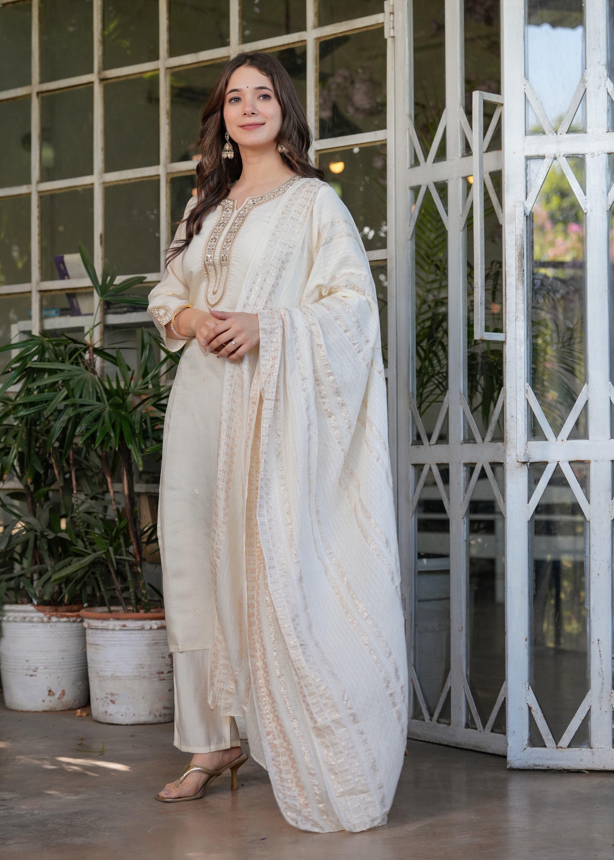 Elegant White Chanderi Threadwork Suit with Dupatta