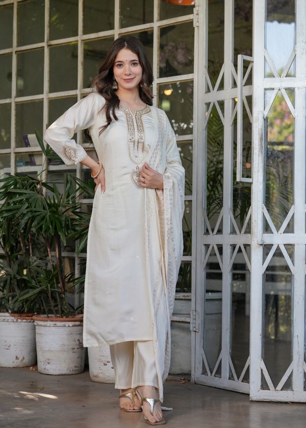 Elegant White Chanderi Threadwork Suit with Dupatta